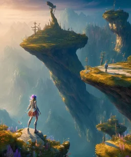 adventurer standing at the edge of a cliff, soft light atmosphere, light effect，vaporwave colorful, concept art, smooth, extremely sharp detail, finely tuned detail, ultra high definition, 8 k, unreal engine 5, ultra sharp focus