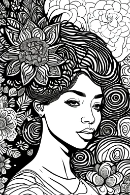 coloring pages for adults, african american woman, in the style of Simple drawing, Thick Lines, 70, Floral background, Black and white, No Shading, --ar 9:16