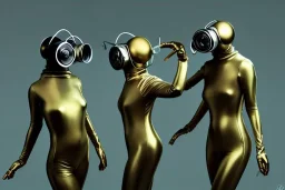 Golden to cyan surfaces body, latex. Tendril-gas-mask-Synthesizer-proboscis. Lightly armored bodies. Metallic headphones and speakers. Alina Li and Asa Akira. Old-fashioned cameras integrated to heads. simple faces. Strange Steam-punk Silver tumbler hands! Dystopia perfect body. Mind-download from 1970's computer. Partly symmetrical in relation to the computer. Perfect golden ratio in all directions. Space-corruption. Steam-machines-tubes. Oppressive atmosphere. Thick cables, Enigma.