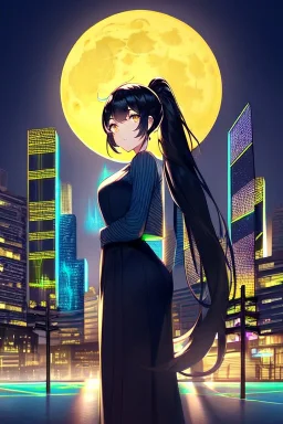 girl, masterpiece, best quality, cinematic lighting, detailed outfit, perfect eyes, black hair, golden eyes, long hair, ponytail, girl standing in a modern cityscape at night with a bright yellow moon in the background, detailed cityscape illustration, neon lights, vibrant colors, dramatic lighting,