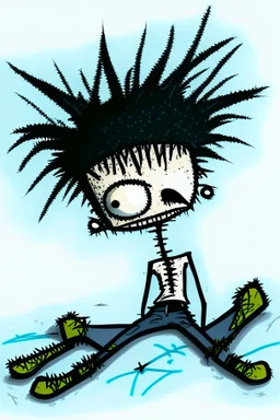 2d drawing of a stickman, cool with punk hair, x eyes like in hangman, laying flat on stomach,3d realistic in colour