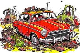 broken smoking oldtimer car in the wrecking yard, accident, traffic, psyco, borderlands, cartoon