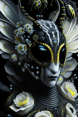 beautiful wasp portrait, textured detailed bioluminescence black and yellow wings adorned with renaissance style silver and black and white pearls, and black diamond headdress and masque, white and black and yellow florals, organic bio spinal ribbed detail of detailed creative rennaisance style light blue colour florwers by moonlight background expressively, extremely detailed hyperrealistic maximálist concept art