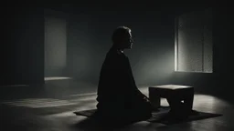 في الصورة، يظهر رجل جالس على كرسي في غرفة مظلمة. وجهه غير واضح، لكن يمكن رؤية عينيه مغمضتين. الرجل يرتدي ملابس سوداء، ويبدو أنه في حالة من الهدوء والتأمل.