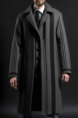 Man's grey long wool coat with embossed black large bars