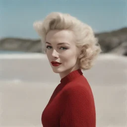 Marilyn monroe with pony tail, in a large red woollen sweater, on the beach, in the sun