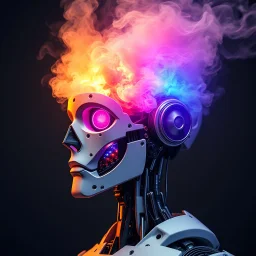 bild von einem Roboter kopf dessen gehirn mit rauch explodiert