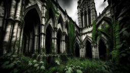 A hauntingly beautiful scene of a gothic cathedral in ruins, with ivy creeping through the crumbling walls. The stonework is worn and weathered, a testament to the passage of time. The sky is overcast, casting a somber and melancholic atmosphere. Gothic-style windows are partially obscured by the dark, poisonous ivy, which adds an element of mystery and eeriness. The overall ambiance evokes feelings of nostalgia, solitude, and a connection to the past.