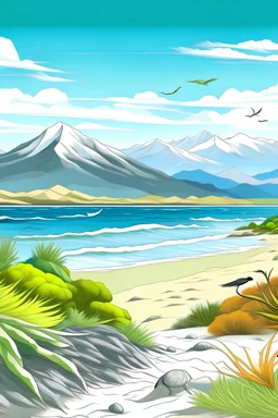 paisaje basado en la flora fauna argentina al borde de una playa con montañas nevadas de fondo en una tarde de verano