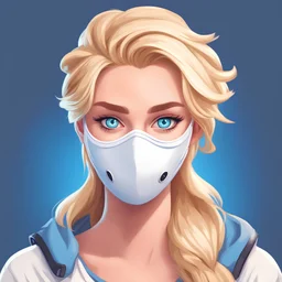 A channel with blonde hair, wearing a white mask and blue eyes, and appears like a YouTuber in a cartoon style. Banner girl