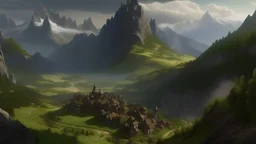 Mountainous landscape with a medieval town in the background, inspired by middle earth, photorealistic