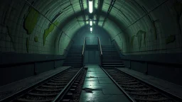 GAME CONCEPT ART .two poin perspective.Station platform and stairs from side .photograph inside of hole .very big ambient.gient station.Inside the old subway tracks, . Low light and closed green moss walls. Like the original design of the game space ,digital art.landscape,far camera old painting,2 Chen and George Hopper, Rembrandt lighting, a dark green color scheme, . --ar 13:16 --v 6. 0 metro game