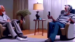 man sitting ALONE in his lazy boy chair at home argues with his AI clone on the phone