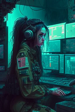 Cyberpunk girl in a room with five live feeds from soldiers