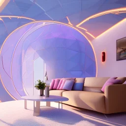  futuristic comfortable appartement in a dome, sofas, view on the beach, sea, blue sky, pink, blue, yellow soft lights