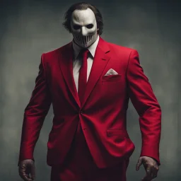 a sinister figure wearing a red suit with a red tie with no face and dirty hair