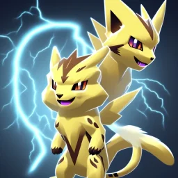 An electric type and dark type, Cheetah pokemon. Lightning bolts shapes as whiskers. Yellow and white fur coverd with blotchy black spots.