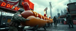 hot dog mania total hot dog guarded by heavy metal military in the style of escher and fallout 4