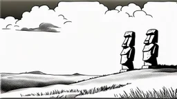 moai, manga, monochrome, black background, sketch, simple, maximum quality, broken hinge, barely functioning, centered on frame, far view, in the middle of a grassy hill, white sky with cumulonimbus