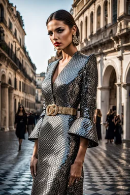 Beautiful model female fashion vogue style, portraits with dresses Gucci, Balenciaga, Chanel, background Rome via Nazionale, via Condotti, Piazza di Spagna, Dramatic ambience, wearing shining Diamond Jewelry, in sharp focus, post – processing, perfect composition, global illumination, Canon EF 16 – 35mm f/ 2. 8L III USM Lens on a Canon EOS 5D Mark IV camera, Cinematic lighting, Dramatic lighting, sharp focus, photorealistic, Ultimate Luxury, romantic mood, expressions, 4k, 8k, 16k, full ultra hd