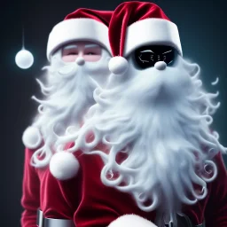 All Black Santa, ghost, wearing high tech mask, white smoke, dark, rage, high definition, ultra 8 k, volumetric lighting, blue fire, fog red rain