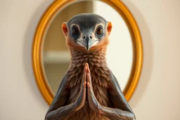 full body portrait of humanoid weasel shiny yoga peach crow semi transparent hypnotic kind eyes in front of mirror