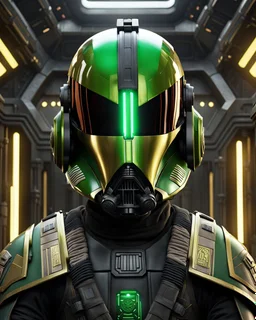 star wars bald male corellian pilot wearing black and bright gasoline green First Order special forces TIE pilot commando armored flightsuit and helmet with gold trim inside the jedi temple, centered head and shoulders portrait, hyperdetailed, dynamic lighting, hyperdetailed background, 8k resolution, volumetric lighting, light skin, fully symmetric details