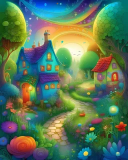 Ethereal Village Haven: Adult Book cover, Magical Garden Illustrations, colourful