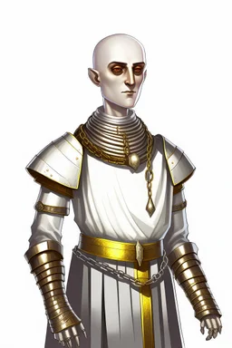 full length, tall 22-year old, shaved head, grey-eyed female cleric with a beaded necklace wearing scale mail