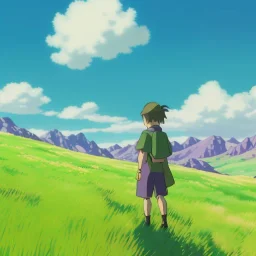 a cartoony boy's silhouette looking at a colorful land. The boy has a green cape on his back. There is a purple portal in the middle. Add a bright yellow sun in the back