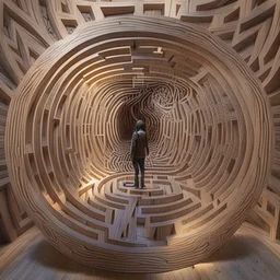 An immersive circular wooden labyrinth with a single entry and exit. Portraits of addiction and healing are visually connected by delicate threads. The labyrinth walls, adorned with engravings representing struggles, guide visitors through the transformative journey. Experience the progression from darkness to light, chaos to harmony, and despair to hope in this introspective installation.