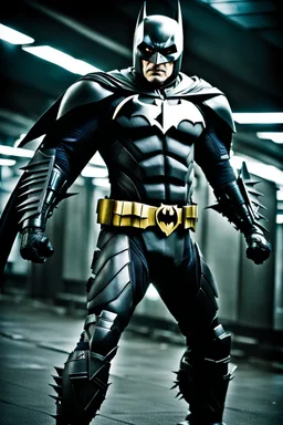 Batman in futuristic power armor, fighting the Joker, photograph