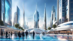 Here is a shortened prompt for an AI image generation of an "Imagination of 2080 year modern city center with some people and city escape at background": "A futuristic scene depicting the bustling heart of a 2080 city center. The foreground features a diverse array of photorealistic individuals engaged with innovative, tech-enhanced elements - holographic displays, autonomous transportation, immersive public art. In the background, a panoramic vista of the larger city skyline - towering organi