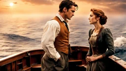 Write a scene where Jack and Rose say goodbye to each other as Rose boards a rescue boat on the sinking Titanic. The tension is palpable as they express their love for each other amidst chaos and tragedy. Jack's heartbreak is evident as he watches Rose leave, knowing they may never see each other again. The scene captures the emotional turmoil of the moment and the overwhelming sense of loss as the ship continues to sink.