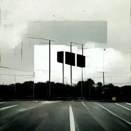 Minimal contemporary abstract oil paintings of desolate 1960s carpark with road markings and concrete fragments. Overlay with grungy typography graphics. style of Justin Mortimer and Francis Bacon.