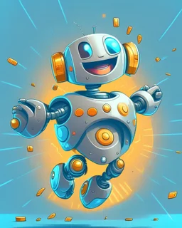 an mascot robot, smiling, modern robot, round robot, cartoon, flying, super hero pose, crypto coins background