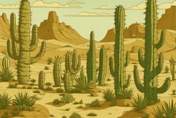 A tan sandy desert with cactuses designed in Bayeux tapestry painted by Jeffrey Kolker