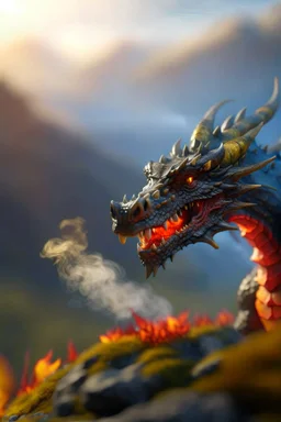 portrait of dope dragon blowing some fire smoke rings on mountain top, with rock giant creature in the background,shot on Hasselblad h6d-400c, zeiss prime lens, bokeh like f/0.8, tilt-shift lens 8k, high detail, smooth render, down-light, unreal engine, prize winning