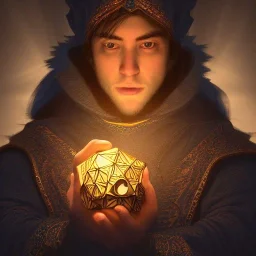 Insanly detailed portrait of a "Dungons and dragons, twilight cleric", holding aloft a glowing D20,bluish gold light emanating from D20, hyperrealism,unreal engine,cinamatic lighting,post processing