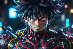 Luffy venom Body parts mechanism in 8k live action anime artstyle, one piece them, Young man, cyberpunk, dynamic pose, intricate details, neon lights , highly detailed, high details, detailed portrait, masterpiece,ultra detailed, ultra quality