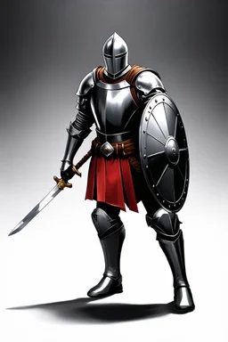 A knight in leather armor, wielding a sword and shield