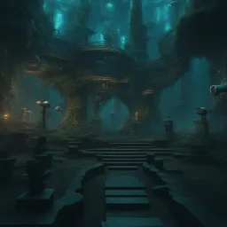 Scene from a modern fantasy movie featuring the "Garden of Practicality", the Clockwork Forest Realm of Ix Chel, Cyberpunk style.