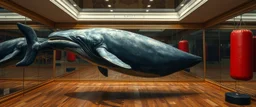 whale as punching bag, painted by Rembrandt, inside reflective mirror house, infinite mirrors