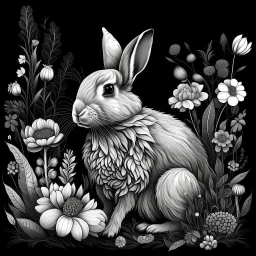 a beautiful rabbit between seeds and big flowers black background .black and white colors. for a coloring. with grayscale