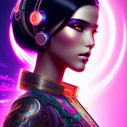 Rosalía, Cyborg anime geisha, cyberpunk, light black hair, pixie hairstyle, cobalt eyes, waist up portrait, 8k resolution, retroanime, intricate details, neon details, soft lighting, vibrant colors, masterpiece, intricate eyeliner, dark eyeshadow, eyes, intricate tattoos, gradient background