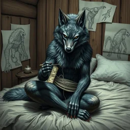 with wolf furry on her full body an anthropomorphic wolf woman hybrid sitting in the middle of a bed with a sewing needle and thread in her paw sewing a material belt, around her in the background are some paper with sketchy line kind drawings from monster on the walls of the wooden house, high realistic, detailed, cinematic, sci-fi, digital art, dark fantasy mood