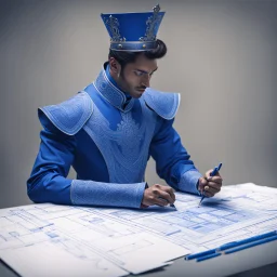 A blue prince making blueprints