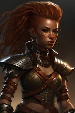 Female earth genasi from dungeons and dragons, ranger, wind like hair, wearing hot leather clothing that also looks studded, woman of color, realistic, digital art, high resolution, strong lighting