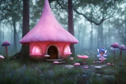 a cute fairy house pink and blue in the forest, spring time, mushrooms, 8k, flickering light, centered, high-quality, fine-detail, digital art, detailed matte, volumetric lighting, illustration, 3D octane render