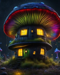 An illogical floating mushroom house on a clear moonless night. . Bright Bold Bright Colors, yellow green blue black, Starry Dark cosmic interstellar. Detailed Matte Painting, deep color, fantastical, intricate detail, splash screen, hyperdetailed, insane depth, concept art, 8k resolution, trending on Artstation, Unreal Engine 5, color depth, backlit, splash art, dramatic, High Quality Whimsical Fun Imaginative Bubbly, perfect composition